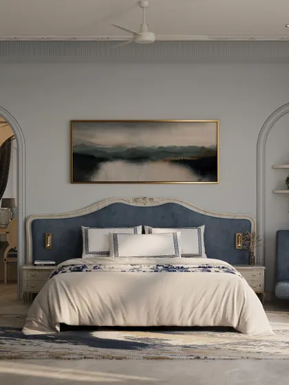 This master bedroom concept blends classical charm with a serene, modern aesthetic. The soft powder blue tones, elegant arches, and a custom-carved headboard come together to create a peaceful sanctuary that feels both luxurious and deeply personal.