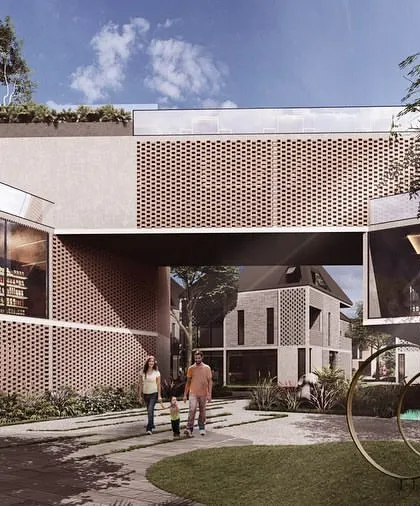 The clubhouse for the Kolgaon Masterplan is a composition of twisted and rotated containers. The facade is a mix of perforated brick screens and transparent glass walls, interweaving indoor and outdoor spaces.