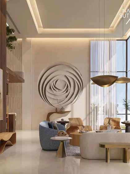 A closer look at the living area, featuring a large-scale art installation that adds a focal point to the room. The design balances monumental scale with comfortable, human-centric details.