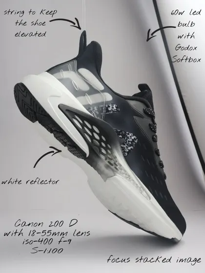 This annotated behind the scenes photo explains how I achieved a "floating" shoe effect for a Fila product shot. It details the lighting, camera settings, and the simple string rig used to suspend the sneaker.