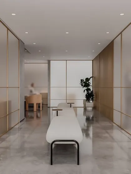 The clinic's hallway is designed for tranquility. Frosted glass panels with brass inlays provide privacy while allowing light to filter through. The clean lines and minimalist benches create a serene passage for patients.