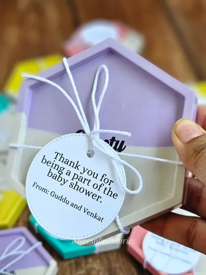 Another beautiful pastel coaster from the baby shower bulk order. The combination of lavender and white with the custom name and tag makes it a memorable gift for guests.