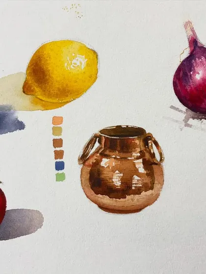A watercolor study of various objects, including fruits, a copper pot, and geometric shapes, to practice rendering form and color.
