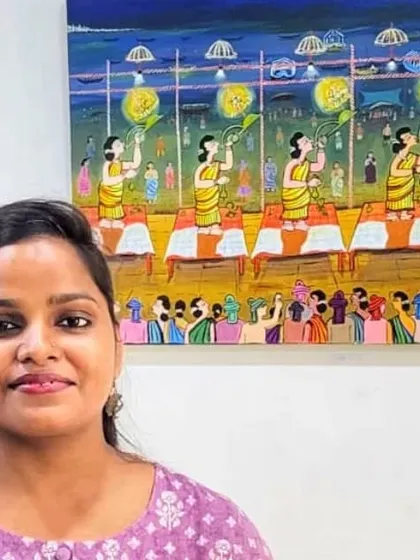 Here I am standing next to my sold Paitkar painting of the Ganga Aarti. It makes me so happy to know my art will be a part of someone's home.