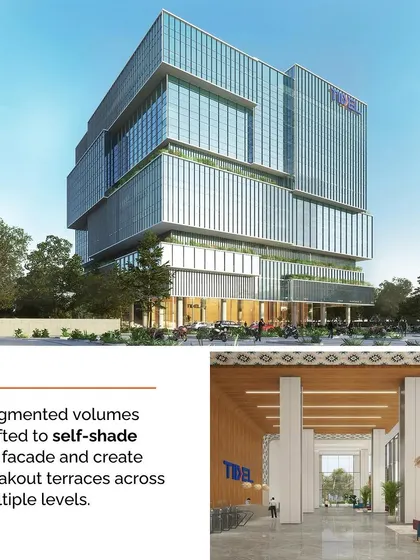 A rendering of the completed TIDEL Park, Madurai, paired with an interior view of the grand lobby. The design features fragmented volumes to self-shade the facade and create breakout terraces across multiple levels.