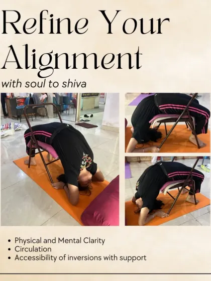 This graphic shows how we use a chair to refine alignment in supported inversions. This method provides physical and mental clarity, improves circulation, and makes the benefits of inversions accessible to everyone, regardless of their current strength.