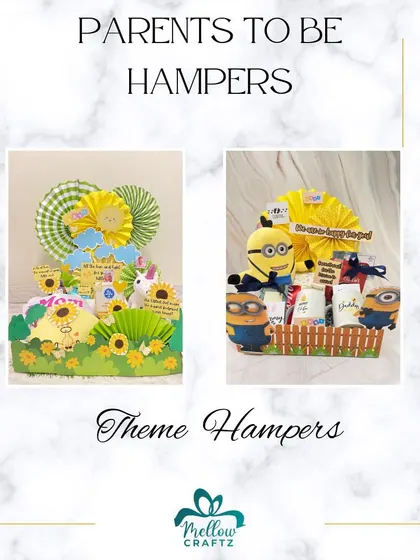 We offer a variety of themed hampers for parents-to-be. This image showcases our popular garden and Minion-themed options.