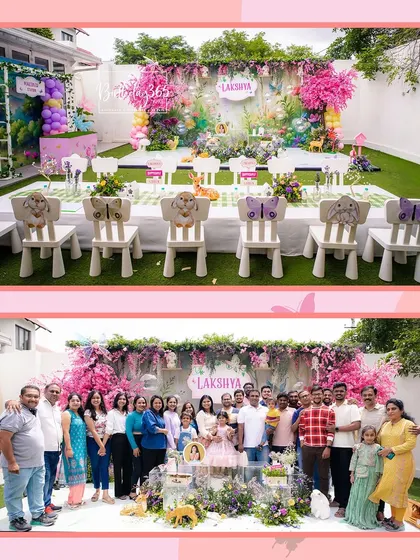 For Lakshya's butterfly-themed party, we set up this beautiful outdoor dining area. The kid-sized tables were adorned with butterfly-backed chairs and surrounded by lush floral arrangements, creating a perfect storybook setting for the celebration.