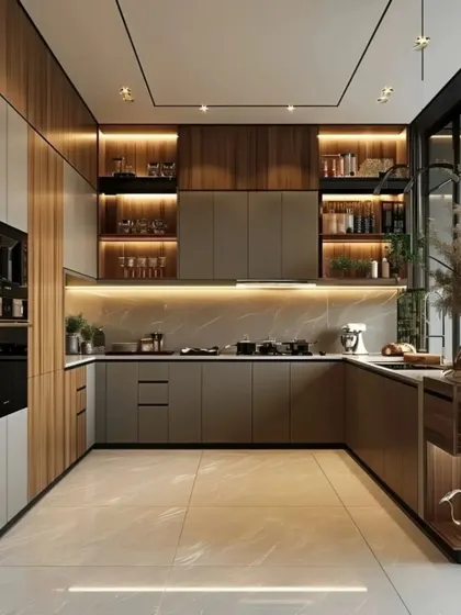 A luxurious U-shaped kitchen featuring a mix of wood and matte grey cabinets. The under-cabinet and in-shelf lighting highlights the design and creates a warm ambiance.