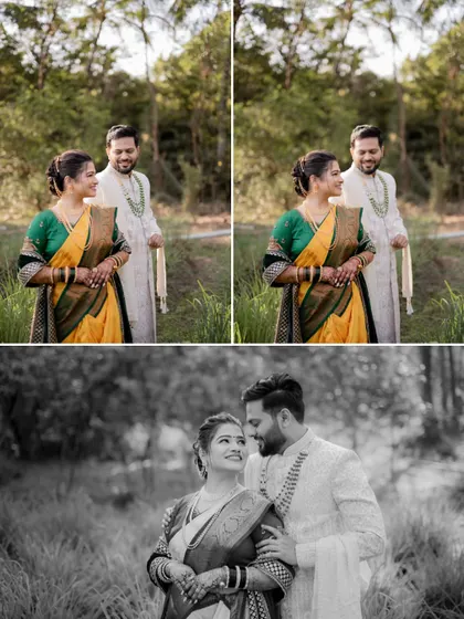 A collage showing the couple's romantic poses in a natural, rustic setting after their wedding ceremony.