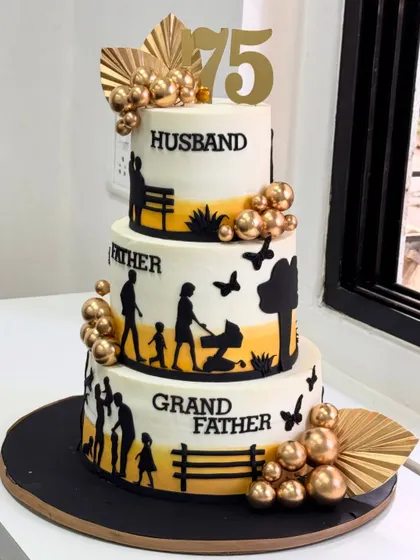 A cake that tells a lifetime's story. Each tier of this 75th birthday cake represents a cherished role: Husband, Father, and Grandfather, celebrating a beautiful legacy of family and love.