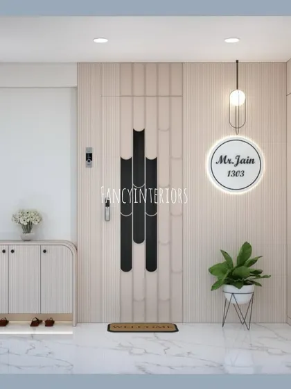 A 3D concept for a modern and minimalist entrance. I designed a sleek main door, a custom backlit nameplate, and a floating shoe rack with rounded edges.