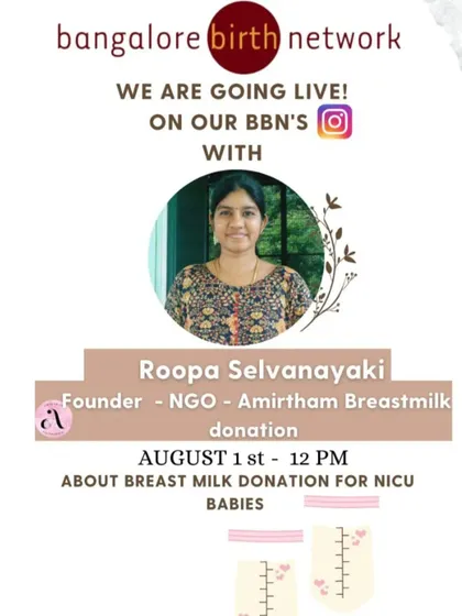 This is the announcement for our live session with Roopa Selvanayaki to discuss the importance of breast milk donation. We use our platform to connect our community with passionate advocates and provide clear information on how to support such vital initiatives.
