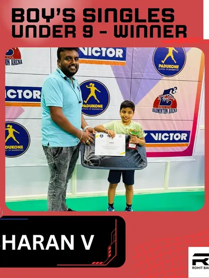 Another victory for Charan V in the Boy's Singles Under 9 category. His consistent wins are a result of dedicated practice and skill development.