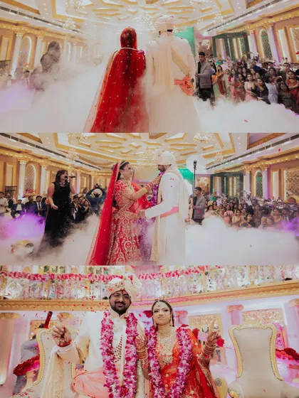 A collage showing the grand Varmala ceremony. From the smoky entrance to the exchange of garlands, these three photos tell the story of this pivotal wedding moment.