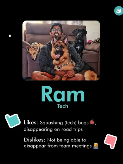 Meet Ram, our tech guru. He likes squashing tech bugs and disappearing on road trips, but dislikes not being able to disappear from team meetings.