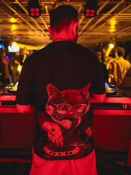 My cool cat t-shirt, as seen from behind the decks at Gawky Goose.