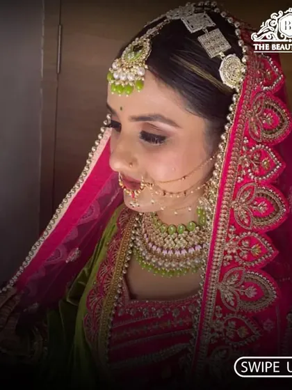 A side profile showcasing the detailed eye makeup and the placement of the matha patti. I ensure every element comes together for a perfect traditional bridal look.