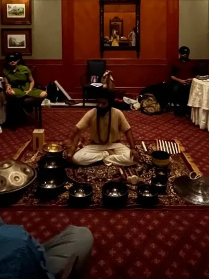 The full view of our sound healing session for the Honeywell HR team. The formal setting of The Oberoi hotel is transformed into a sanctuary of peace and relaxation.
