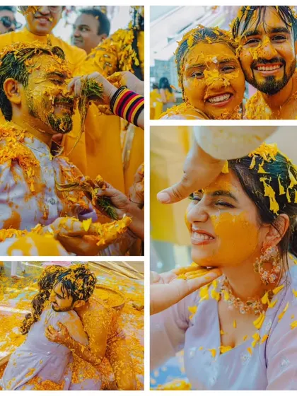 A collage of heartwarming and fun moments from the Haldi ceremony, from playful teasing to a loving embrace.