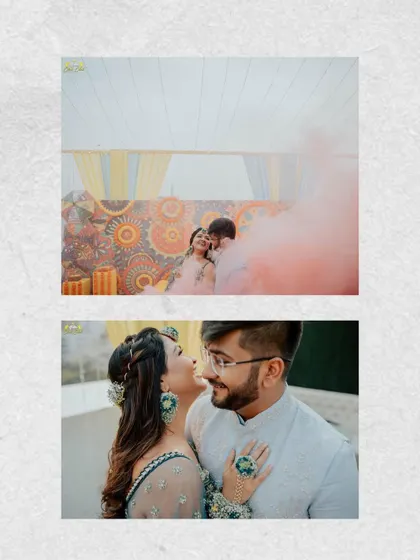 A romantic collage from the Haldi. The shot with the pink smoke bomb adds a modern, dreamy touch, while the close-up captures a sweet, intimate moment between the couple.
