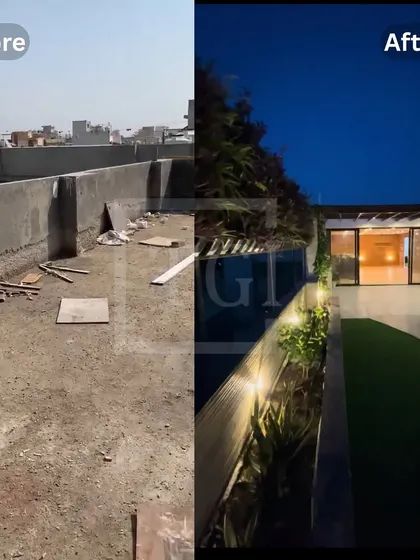 From a dusty, empty rooftop to a sleek, modern entrance to an outdoor living area. This transformation highlights the power of clean lines, strategic lighting, and lush greenery along the periphery.