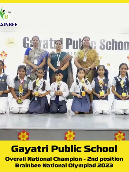 Proud winners from Gayatri Public School, Agra, celebrating their school's national-level achievement in 2023.