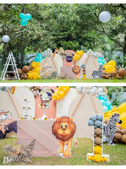 A fun and playful take on a safari theme, complete with teepees, animal cutouts, and a dessert table ready for adventure. This setup is perfect for an outdoor celebration.