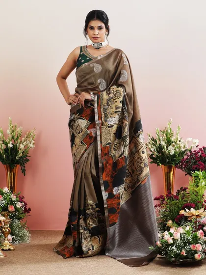 A saree with a print inspired by ancient Indian architecture and paisley motifs.