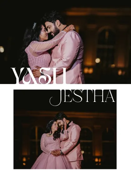 A romantic nighttime portrait of the couple in their reception attire. The image captures an intimate embrace, showcasing their modern, elegant look.