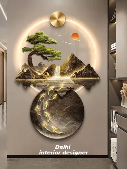 A beautiful 3D scenery wall art piece. This illuminated artwork, featuring a bonsai tree, mountains, and a waterfall, adds a sense of tranquility and nature to the room.