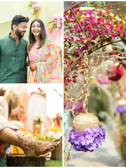 A collage from a colorful Mehendi ceremony. It captures the happy couple, the vibrant decor, and the intricate details of the bride's henna, telling a complete story of the event.
