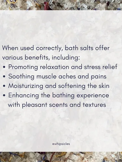 This graphic lists the benefits of bath salts, such as promoting relaxation, soothing muscle aches, and softening the skin.