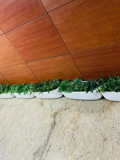 A closer look at the artificial foliage used in the office planters. The plants are dense and varied in texture, providing a realistic appearance that holds up even in high-traffic commercial areas.