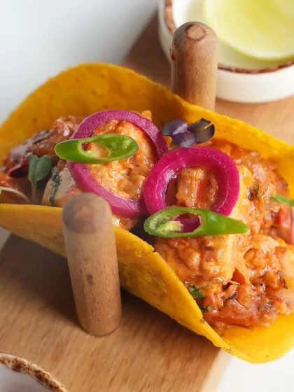 A detailed shot of the Shahi Paneer Roghni Taco, a highlight from our exclusive "Zaika-e-Rooh" menu.