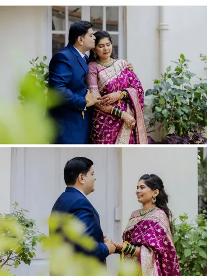 A sweet moment between Alok and Shilpa, framed by the surrounding greenery. The groom's gentle kiss on the forehead is a timeless expression of love.