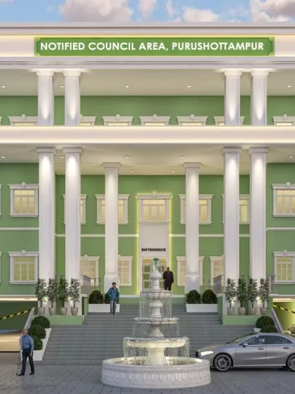 The grand facade of the Notified Area Council building in Purushottampur, Odisha. The design blends traditional columns with a modern, stately presence.