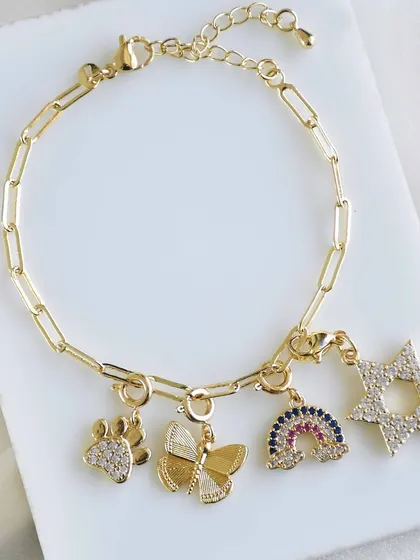 A magical mix of charms on this bracelet, including a paw print, butterfly, rainbow, and Star of David.