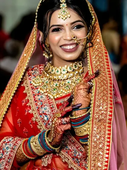 The complete bridal look, including the intricate hathphool that matches her necklace set. I ensure every detail is perfect.