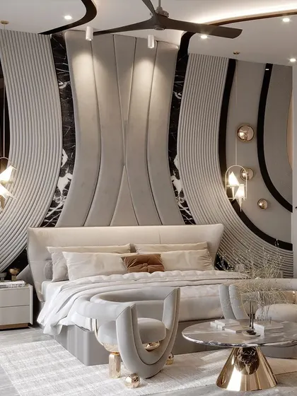 Inspired by the fluid curves of the feminine form, this design uses a sophisticated grey luxury palette accented with delicate touches of gold. The sinuous patterns on the headboard wall evoke elegance and sensuality.