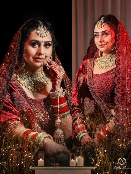 A set of two bridal portraits, showcasing her in a traditional red lehenga. The use of fairy lights adds a warm, magical glow to these beautiful shots.