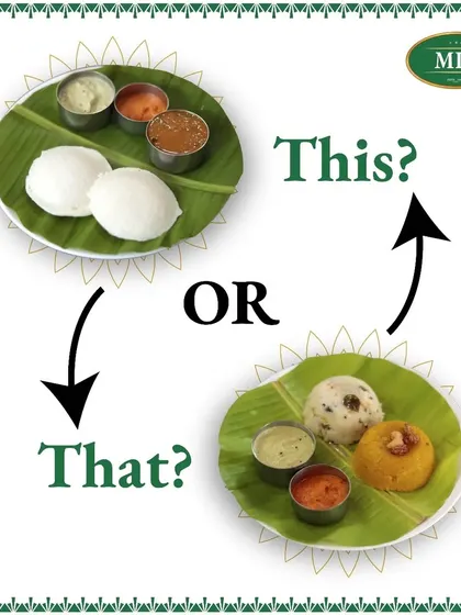 A battle of flavors. This image pits our classic Idli Sambar against our delicious Khara Bath. Which breakfast combination would you choose?