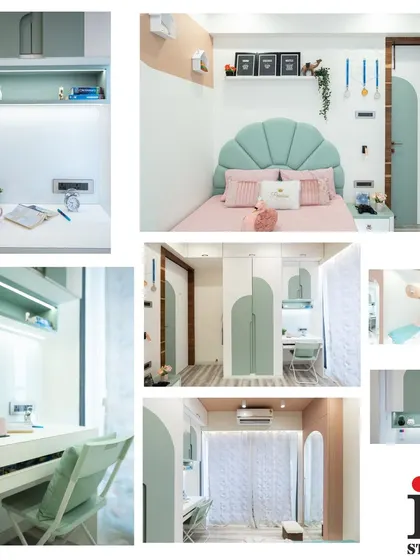 This collage provides a comprehensive look at the charming pastel-themed daughter's bedroom, from the study nook to the custom bed.