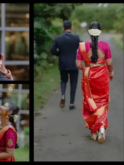 This collage tells a story of a journey beginning. From the close-up of a loving touch to the couple walking away together, it captures the narrative of two people starting their new life.