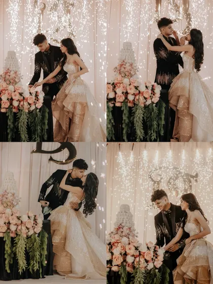 A collage of the cake-cutting ceremony, capturing the couple's interactions from sweet to playful.