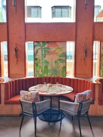 For The Koha restaurant, we created these tropical art panels on tiles to complement the warm, earthy tones of the interior. The artwork provides a beautiful backdrop for the plush seating booths.