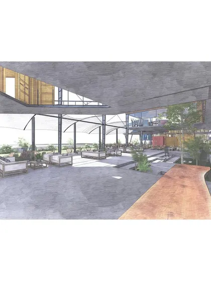 This interior rendering for the golf clubhouse shows a large, open-plan space that flows into an outdoor terrace. The design prioritizes natural light and a connection to the surrounding golf course.
