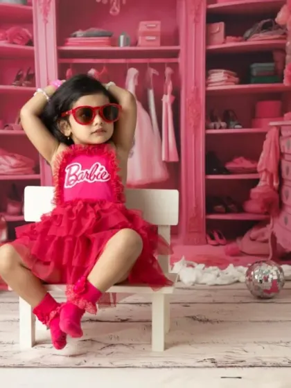 It's a Barbie world, and this little one owns it. My Barbie-themed shoots are all about capturing that fun, confident personality with a vibrant pink set and stylish props like these heart-shaped sunglasses.