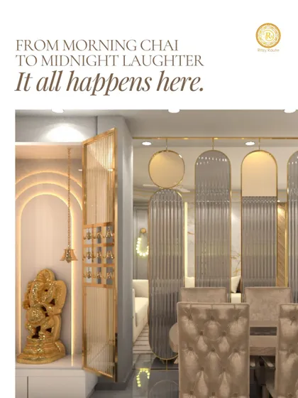 From morning chai to midnight laughter, it all happens here. This view showcases a harmonious blend of a sacred pooja space and an elegant dining area, defined by fluted glass partitions and gold accents.