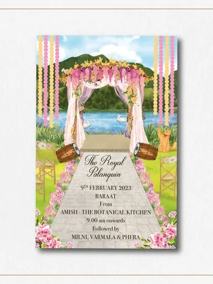 Part of a fairytale wedding suite, this card for the Baraat features a custom illustration of the floral mandap by the water. We even included the couple's beloved cat, a small personal touch that makes the design truly their own.